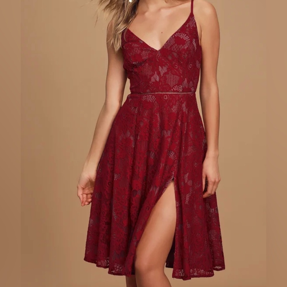 NWT Lulus Evening Waltz Burgundy Lace Midi Dress Cocktail Party Wedding Guest